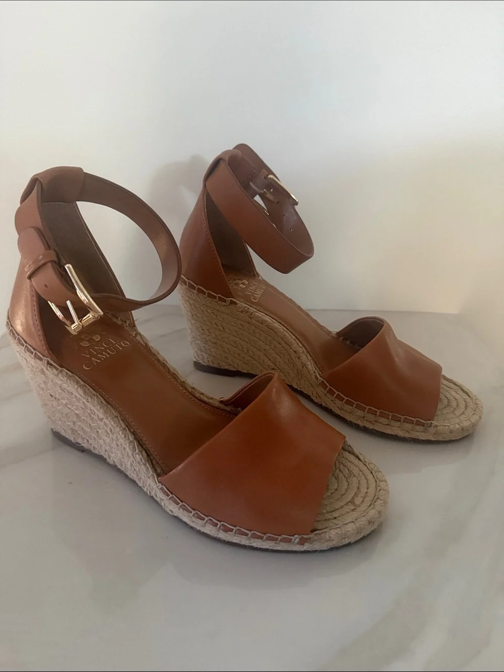 Vince Camuto Brown Leather Espadrille Wedge Sandals